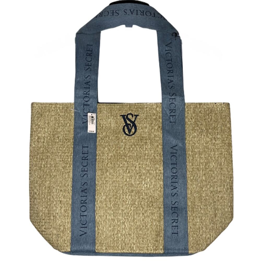 Victorias Secret Straw Tote Bag Denim Handles Logo Beach Bag